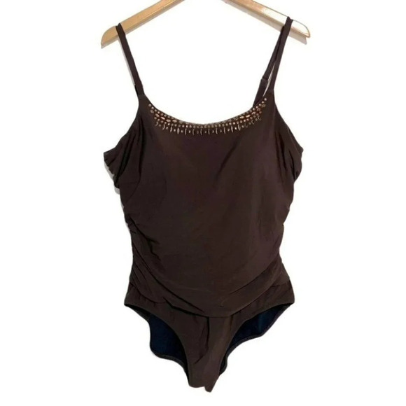 Lands End 20W brown beaded collar bathing suit - Picture 1 of 7